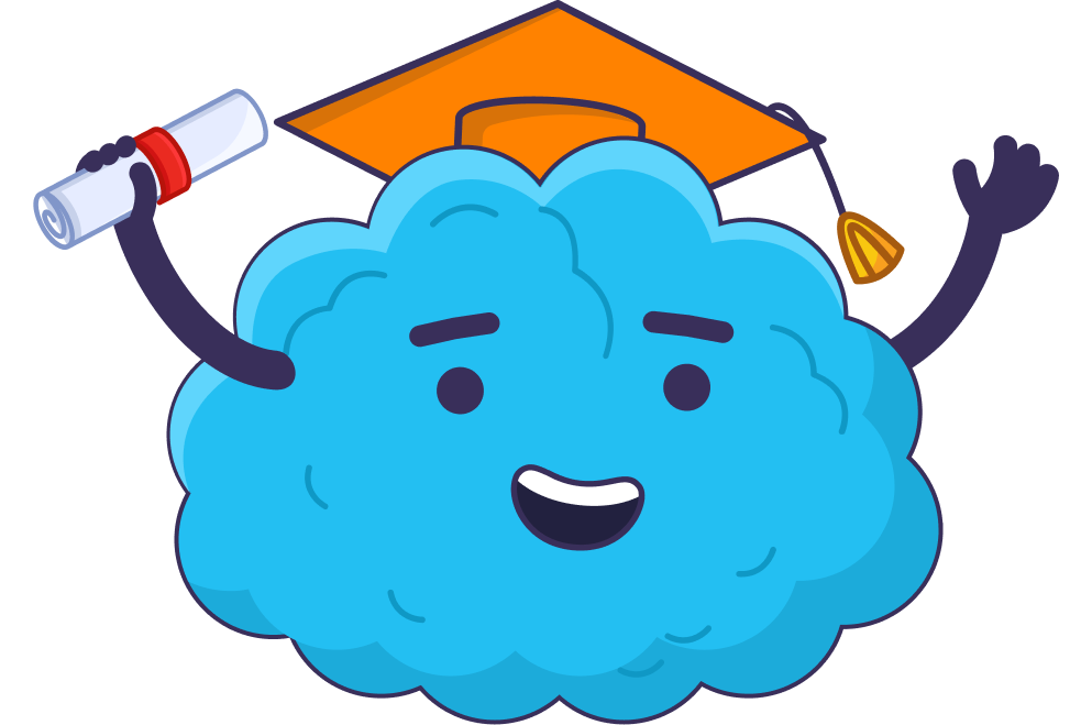 Studious brain mascot with a graduation cap and diploma